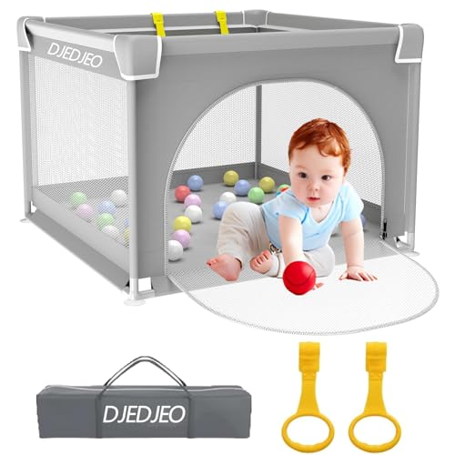 DJEDJEO Box Bambini 90x90cm, Recinto per Bambini con Rete Visibile, Box Neonato con Porta Cerniera, 4 Ventose Inferiori,...