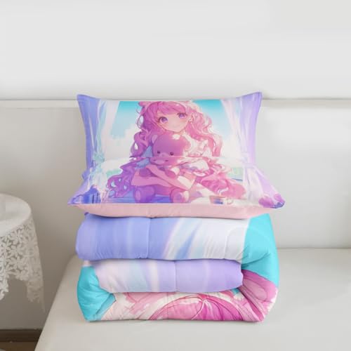 Image of Erosebridal 3D Anime Girl Comforter Set King, Japanese Girl Romance Love Bedding Cartoon Anime Gifts Bedding Comforter Sets, Rabbit Lovers Gifts - 1 Comforter 2 Pillow Cases