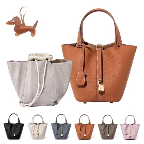 Genuine Leather Bucket Bag with Lock Closure & Removable Insert, Top Handle Shoulder Handbag for Women, Versatile Tote Style