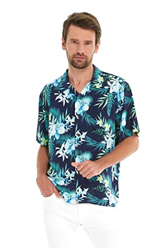 Matchable Couple Hawaiian Luau Shirt or Wrap Ruffle Dress in Orchid Breeze Navy4