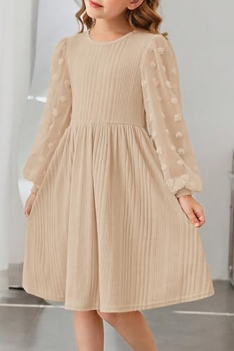 Girls Fall Lantern Sleeve Swiss Dot Crew Neck A-line Casual Swing Knit Dress with Pockets for 6-12 Years2