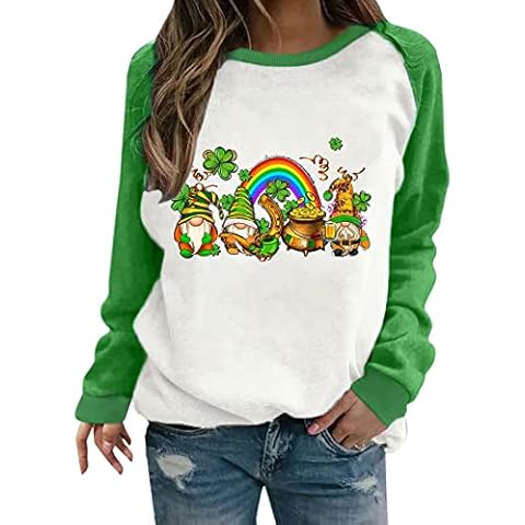 St Patrick's Day Tee Shirt Women,Funny Paddy's Day Long Sleeve Tops,Fashion Shamrock Printed Stitching Irish Tee Shirt Casual Pullover Tops T Shirt for Saint Patricks Day Sweatshirt Festival Party Cover