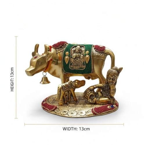Image of Kalakriti Kamdhenu Cow and Calf Idol with Laddu Gopal| Gold Plated Decorative Statue for Home Temple | Religious Showpiece for Pooja Room |Traditional Hindu Spiritual Decor Gift (15x13x13 cm)
