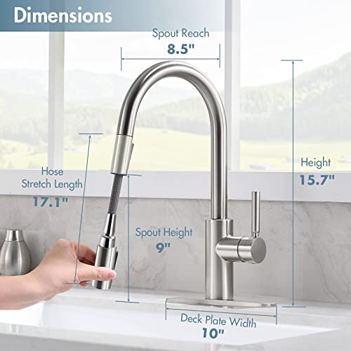 Kitchen Faucet With Pull Down Sprayer Ouen Brushed Nickel Modern Single Handle High Arc Pull Out Kitchen Sink Faucets With Deck Plate For Laundry Rv Farmhouse, Brass Structure, 15.7" Height #TOP6