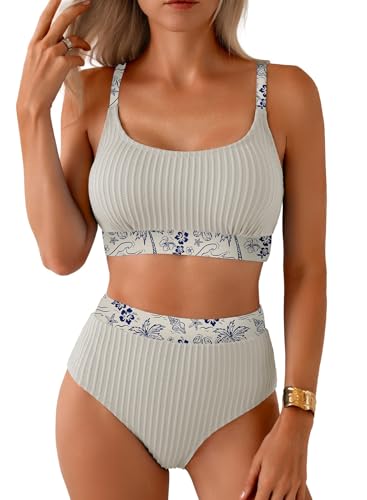 Image of Herseas Women's Textured Bikini Sets Floral Print Trim Scoop Neck Swimsuits High Waisted Bathing Suits
