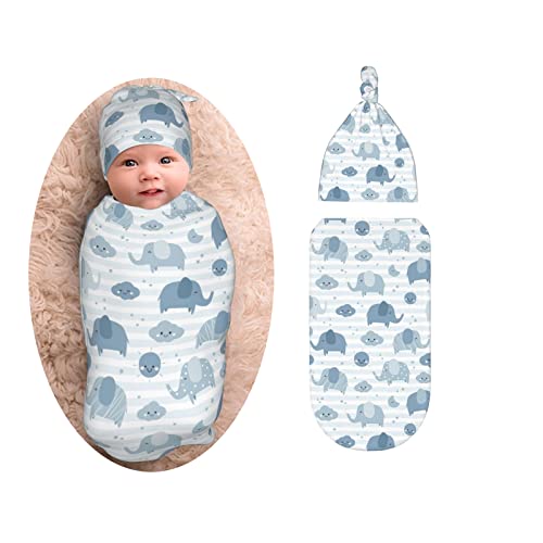 Image of Elephant Baby Stuff Newborn Swaddle Blanket with Beanie Set, Soft Stretchy Baby Receiving Blanket Infant Swaddle Sack for Baby Boy and Girl Gifts