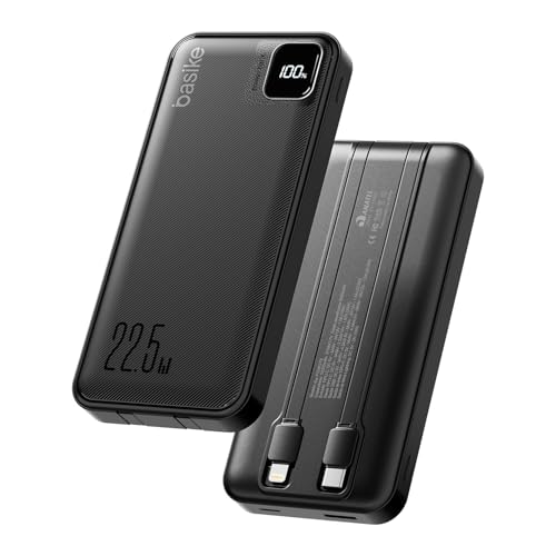 Basike Power Bank, Carregador Portátil Universal 10000mAh, USB-A(até 22.5W)+USB-C(até 20W), com 2 Cabos Integrados (USB-C, Lightning) Carregamento Rápido, Led Indicador de Bateria (Preto)