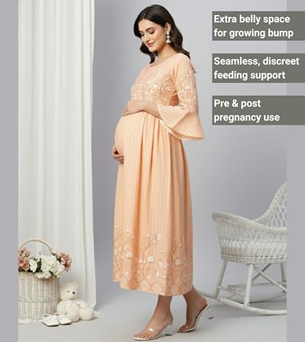 Image of DUMMY SHAPE Feeding Nighty | Maternity Dresses for Women Cotton Blend | Floral Pink Anarkali Kurta with Dual Nursing Zippers for Pregnancy & Breastfeeding | Gifts for Pregnant Women (