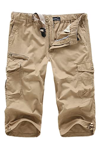 TIANBA Mens 3/4 Long Cargo Shorts Loose Fit Elastic Work Capri Shorts Below Knee Casual with 7 Pockets, Khaki, 40