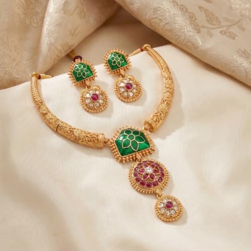 Image of Gold-Plated Antique Temple Jewellery Set for Women - Traditional Necklace with Large Peacock Pendant & Matching Jhumka Earrings | Ethnic Festive & Bridal Wear Set with Ruby & Emerald Accents