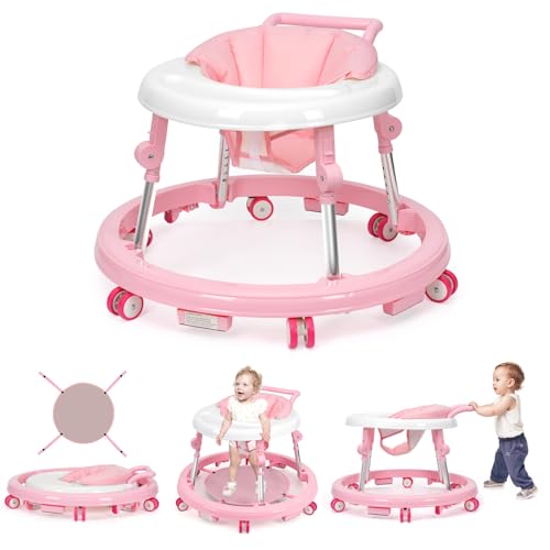 Image of Wismind Baby Walker Foldable with 9 Adjustable Heights,Baby Walkers and Activity Center for Girls Boys Babies 6-12 Months,Baby Walker and Bouncer Combo with Wheels Portable Anti-Rollover (Pink) BW001