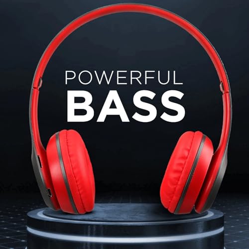 Image of Wireless Bluetooth Headphones with AUX Support | Comfortable Ear Pads | Over-Ear Foldable Headset with Mic | Compatible with Mobile, Laptop, Tablet-Red
