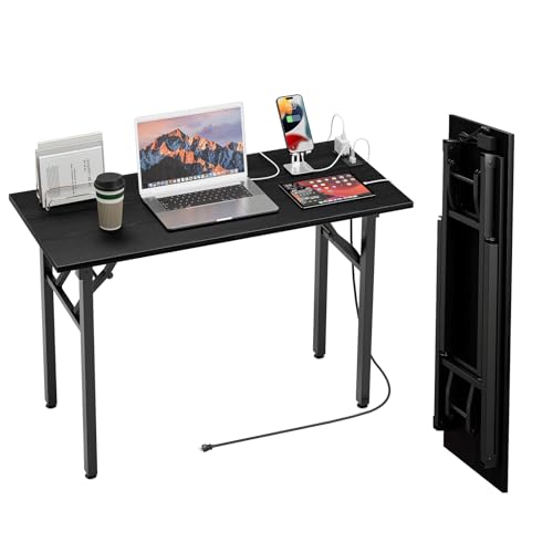 Image of TEMI Small Computer Desk Folding Table - No Assembly, Compact 44.3 inch Foldable Desk with Power Outlets & USB Charging Port, Portable Small Office Desk, Ideal Mini Study Table, Dark Oak