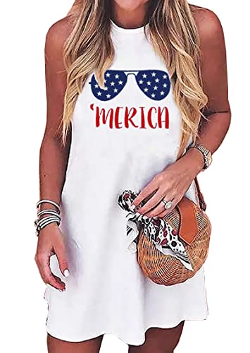 Image of American Flag Tank Dress for Women 4th of July Patriotic Graphic Sleeveless Mini Dress Casual Vacation Short Dresses