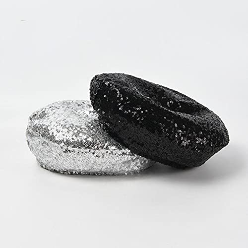 Aobricon Berets For Women Glitter Beanie Cap Stretch Sequins Shining Party Club Dance Caps Chic Beret Hat Silver, One Size #TOP2