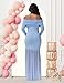 JustVH Maternity Long Sleeve Off Shoulder Baby Shower Dress Party Mesh Paneled Split Maxi Photography Gown for Photoshoot Blue
