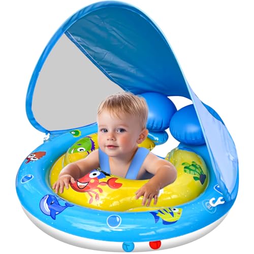 Baby Swim Float with UPF50+ Removable Canopy​, Add Tail Airbag, Extra-Wide & Adjustable Safety Seat, Baby Pool Float for 6-36 Months Toddler Float with Bell Sound, Sun Protection (Infant Water Safety)