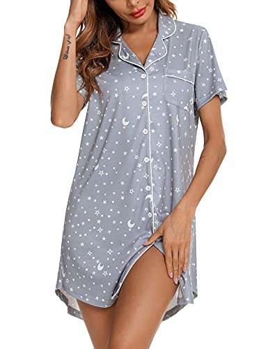 Image of Samring Pajama Nightgown for Women Short Sleeve Button Down Boyfriend Night Gown Nightdress Sleep Shirts