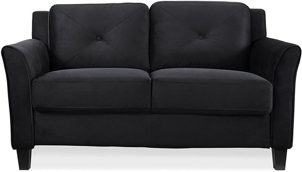 BOWERY HILL Transitional Microfiber Loveseat, 56.3" Wide, Curved Arms, Attached Tufted Cushions, Plush Seating, Black Finish, Solid Wood Frame, Compact Living Room or Small Space Furniture