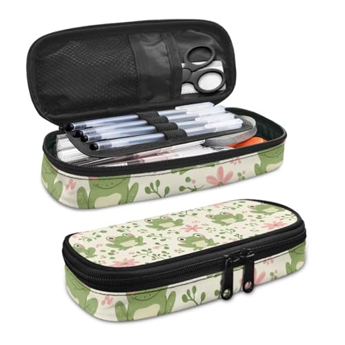 Image of Cute Frog Pencil Box for Girls Floral Pen Pouch Bag with Slots Large Capacity Pencil Case with Zipper Lightweight Pen Box Stationery Bags
