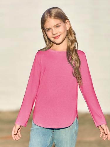 Image of Haloumoning Girls Long Sleeve T Shirts Kids Crewneck Tops 5-14 Years | Solid Color, Casual Loose Fit, Basic Tees, Curve Hem, Side Slit, Soft Tunic Tops, Fashion Clothes
