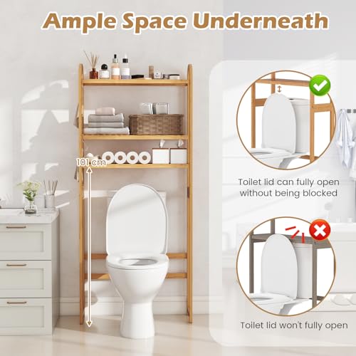 COSTWAY Over Toilet Storage Unit, 3-Tier Bamboo Bathroom Shelf Space Saver with 5-Position Shelves, 3 Hooks & Adjustable Bottom Bar, Freestanding Tall Above The Toilet Rack Organizer, Natural - Cosy Home Interiors COSTWAY Over Toilet Storage Unit, 3-Tier Bamboo Bathroom Shelf Space Saver with 5-Position Shelves, 3 Hooks & Adjustable Bottom Bar, Freestanding Tall Above The Toilet Rack Organizer, Natural - Image 5