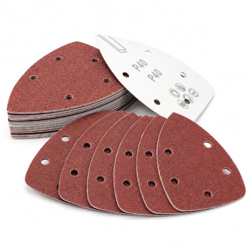 Image of 60 Pcs Detail Sander Pads, Triangle Mouse Sandpaper Sheets for Wood Metal | 5-hole hook & loop back, assorted 40/80/120/180/240/320 grit for wood, metal & plastic; fits most electric detail sanders