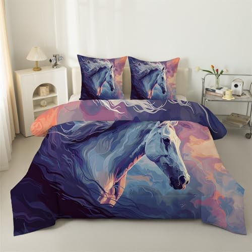 buyluhn Edredón matrimonial con diseño de caballo blanco, reversible, para todas las estaciones, tamaño matrimonial, 7.5 tog, edredón de cielo colorido, lavable a máquina, para cama, verano, invierno
