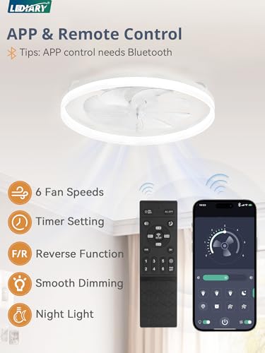 Image of LEDIARY Ceiling Fans with Lights, 23 inch Low Profile Flush Mount Ceiling Fan, Dimmable LED, APP & Remote Control, Quiet Reversible DC Motor, 6 Speeds, Fandelier for Bedroom, White