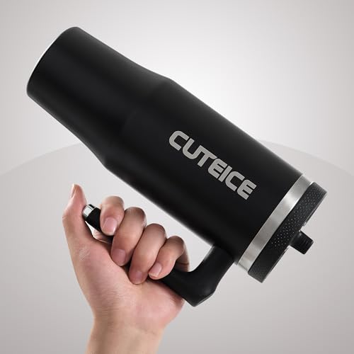 Cuteice 100% Leakproof Iced Travel Coffee Tumbler with Lid and Handle 30 oz Black Flip Straw Water Bottle for adults Dishwasher Safe Insulated Stainless Steel Water Cup for Car Office Black