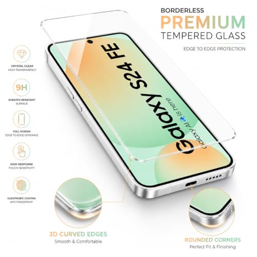 Image of ArmourPro 3D Borderless Tempered Glass for Samsung Galaxy S24 FE, M56, F56, A36 and A56, Set of 2 HD Clear Screen Protectors with 3D Curved Edges, 9H Hardness, Oleophobic Coating, Case Friendly