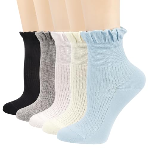 Image of Women Ruffle Ankle Socks Cotton Casual Breathable Soft Cool Knit Lettuce Cute Girl Frilly Crew Socks Mary Jane socks 5 Pack