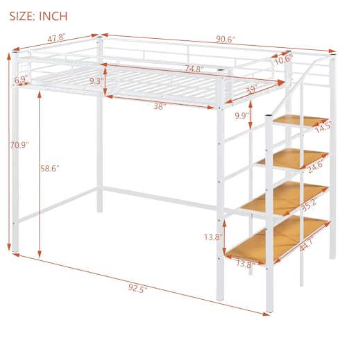 Image of Bellemave Twin Size loft Bed with Storage Stairs and Upper Grid Storage Shelf, Metal Twin Loft Bed Frame for Adults, Kids, Teens, White