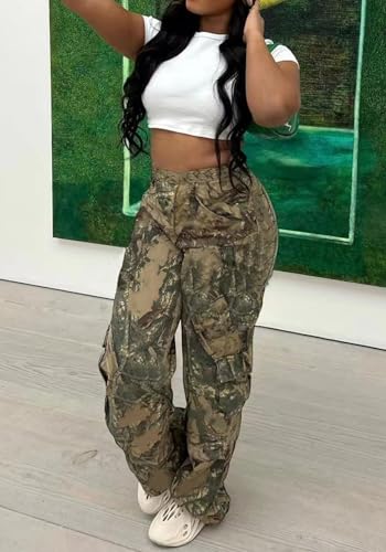 Famnbro Camo Pants Women Mid Waist Straight Leg Baggy Camouflage Cargo Pants Streetwear Trousers3