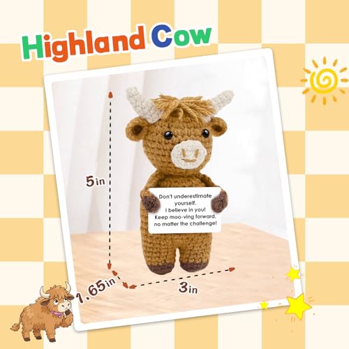 Image of Hoedia Emotional Handmade Highland Cow Crochet Figurines, Positive Crochet Animal & Self-Care Gifts for Women Men Inspirational Desk /Home Decor
