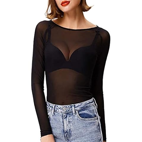 Womens Long Sleeve Sheer Mesh Tops Ladies See Through Clubwear Tee Transparent Top Black Cover
