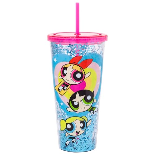 Silver Buffalo The Powerpuff Girls Featuring Blossom, Bubbles, and Buttercup Plastic Confetti Cold Cup with Lid and Straw, 32 Ounces