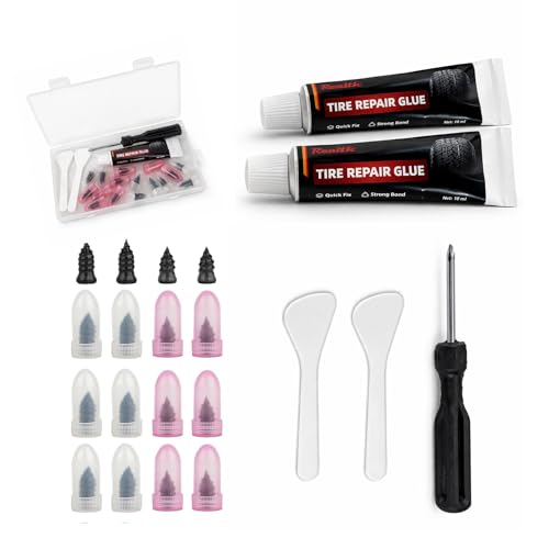 Image of Tire Repair Kit, Screw in Tire Plugs 16 Pcs, Tire Repair Glue 10ml 2 Pack | Fast Self-Service Tire Repair Screws Kit, Tire Repair Rubber Nail Kit for Car, Motorcycle, Bike, Truck, Tractor, Garage