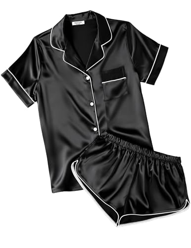 Ekouaer Womens Silk Satin Pajamas Short Sleeve Sleepwear Soft Button Down Loungewear 2 Piece PJS Shorts Set Black X-Large