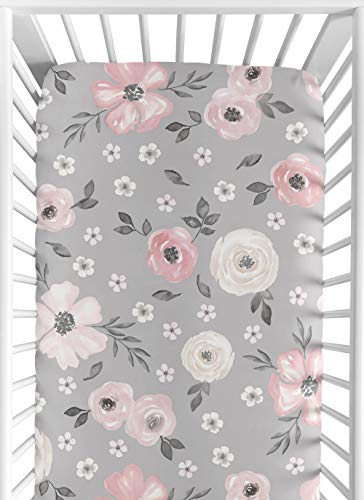 Image of Sweet Jojo Designs Fitted Baby Crib Sheets (Grey/Pink Boho Floral) for Girls, Infant Nursery, Toddler Room - Standard Size (Watercolor, Bohemian, Shabby Chic, Rose, Flower, Farmhouse, Gray, Blush)