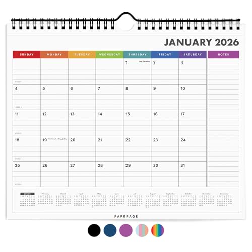 PAPERAGE 2026 Calendar, 12 Months (January 2026 - December 2026), Small (9 in x 11 in), Minimalist Wall and Desk Calendar with Monthly Views, Yearly Plans & Notes Section – Rainbow