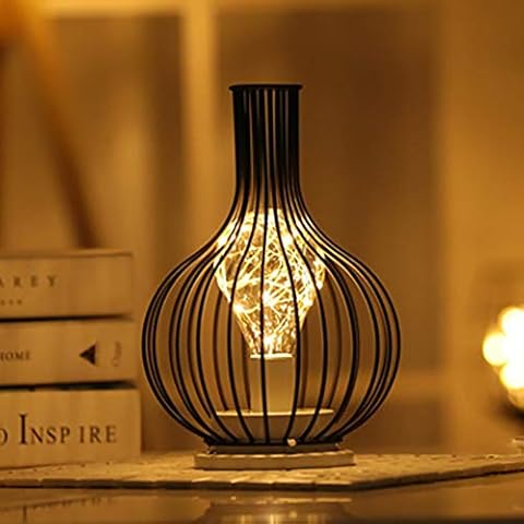 Black Metal Wire Table Lamp, Modern Iron Basket Style Night Light, Retro Battery Operated Bedside Table Lamp for Bedroom Cover