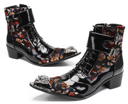 Santimon Mens Cowboy Boots Dress Party Western Boot Metal-Tip Toe Patent Leather Casual Ballroom Hight Top Chelsea Boots for Men Boys4