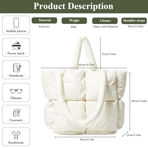 OWGSEE Puffer Tote Bag, Weiche Puffy Taschen für Frauen Leichte Winter Daunen Baumwolle Gepolsterte Gesteppte Tragetasche Schulter Handtasche Geldbörse, Weiss/opulenter Garten, Medium