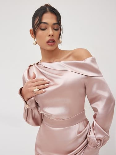CIDER Satin Dress Long Sleeve Asymmetrical Neck Ruched Split Maxi Formal Party Cocktail Mid Waist Dress3