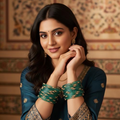 Image of SUNDRAM Women's Premium Fancy Glass Bangles for Women & Girls |with Zircon Gemstone Work & Charm| Traditional Ethnic Bangles Set of 12