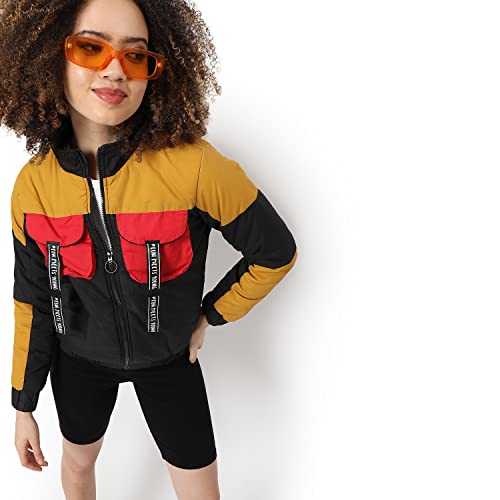 Image of Campus Sutra Women Mustard & Black Multicolour Puffer Regular Bomber Jacket For Winter Wear | Low-Cut Standing Collar | Full Sleeve | Zipper | Casual Jacket For Woman & Girl