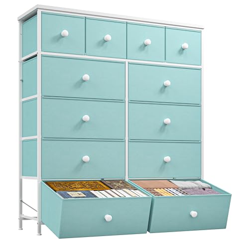 Image of Romorgniz Dresser for Bedroom Tall Dresser with 12 Drawers Fabric Dressers & Chests of Drawers, Bedroom Dresser with Metal Frame, Wood Top, Entryway Living Room, Turquoise 11.81"D x 38.97"W x 40.15"H