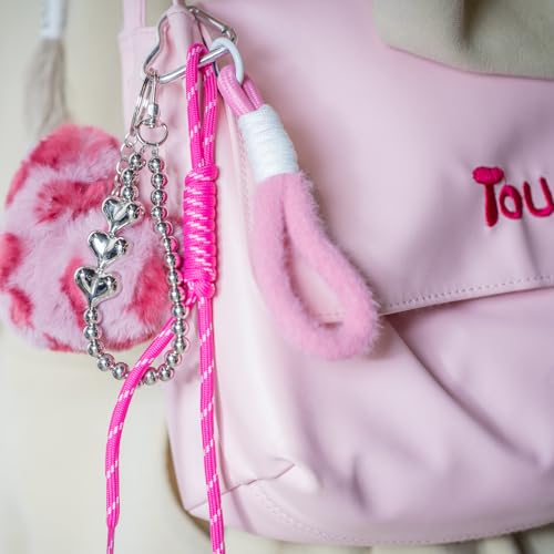 Y2K Heart Charm Leopard Keychains for Women and Girls - Fuzzy Animal Keychain Puffball, Purse Charms Kit, Accessories for Backpacks, Purses, and Handbags2