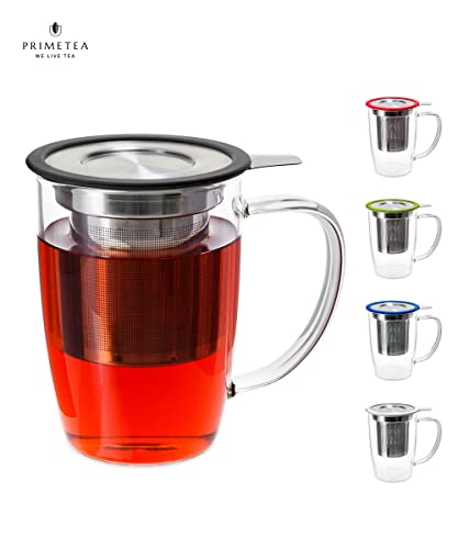Prime Tea - Glass Teacup With Tea Infuser, 16Oz / 470 Ml, Hand Blown, Single Wall, Heat Resistance Borosilicate Glass Teacups For Blooming Tea & Loose Leaf Tea, Microwave & Dishwasher Safe (Black) #TOP3